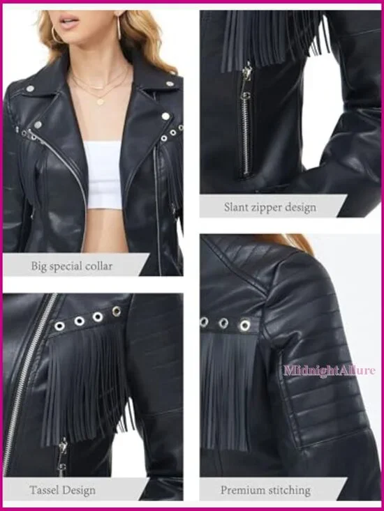 Short Faux Leather Moto Jacket with Tassel Trim and Belt - Picture 6 of 7